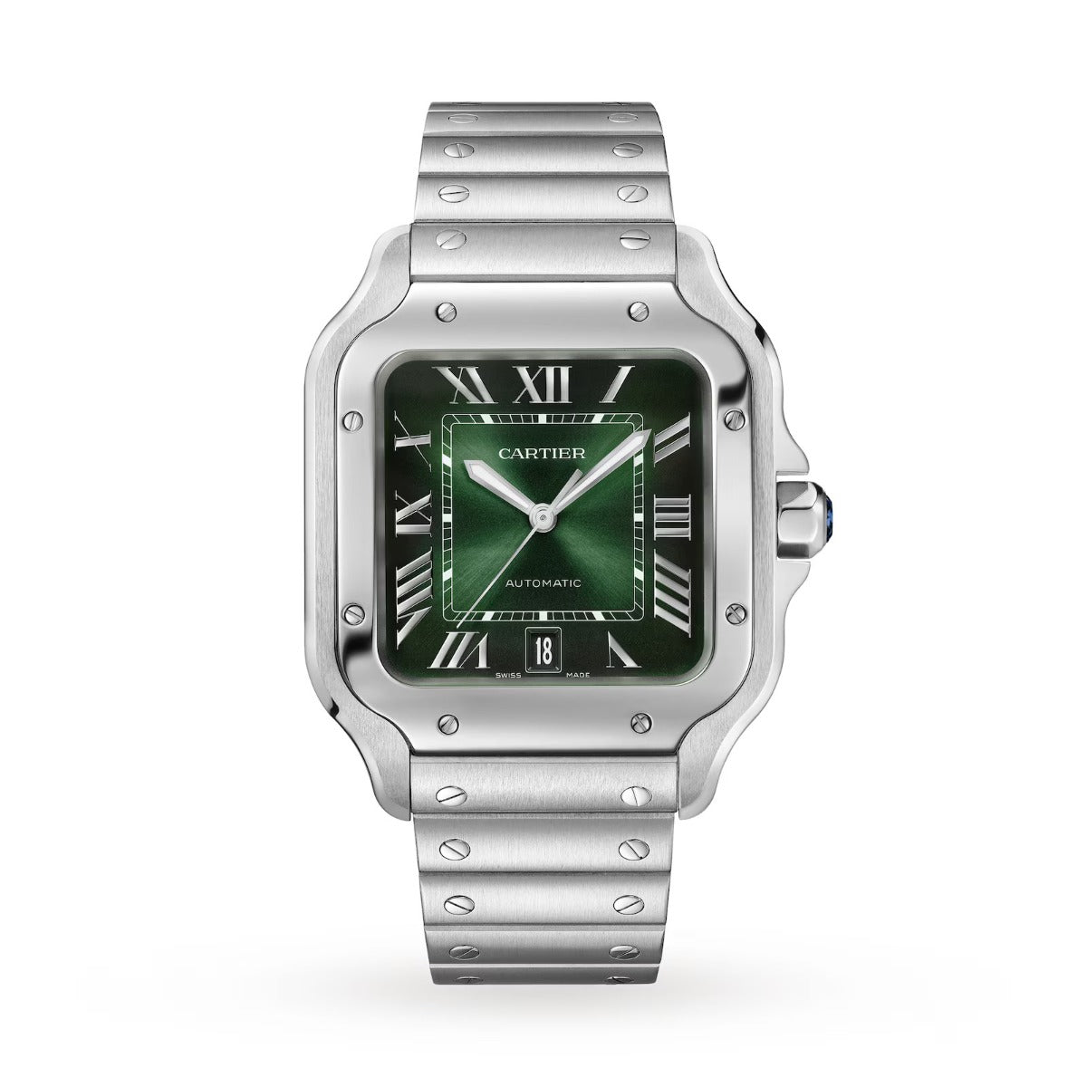 Cartier watch with green face and silver metal band on white background